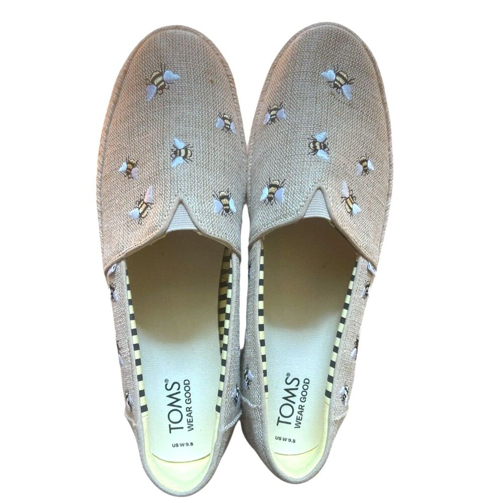 Toms Beige Canvas Espadrille Slip-Ons with Bee Embroidery